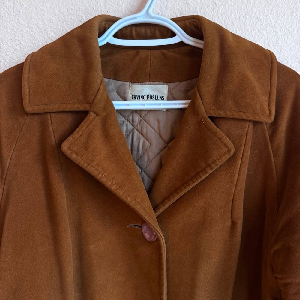 Irving Posluns Brown Suede Leather Coat Jacket Women’s Large Vintage Pink Button - Picture 4 of 10